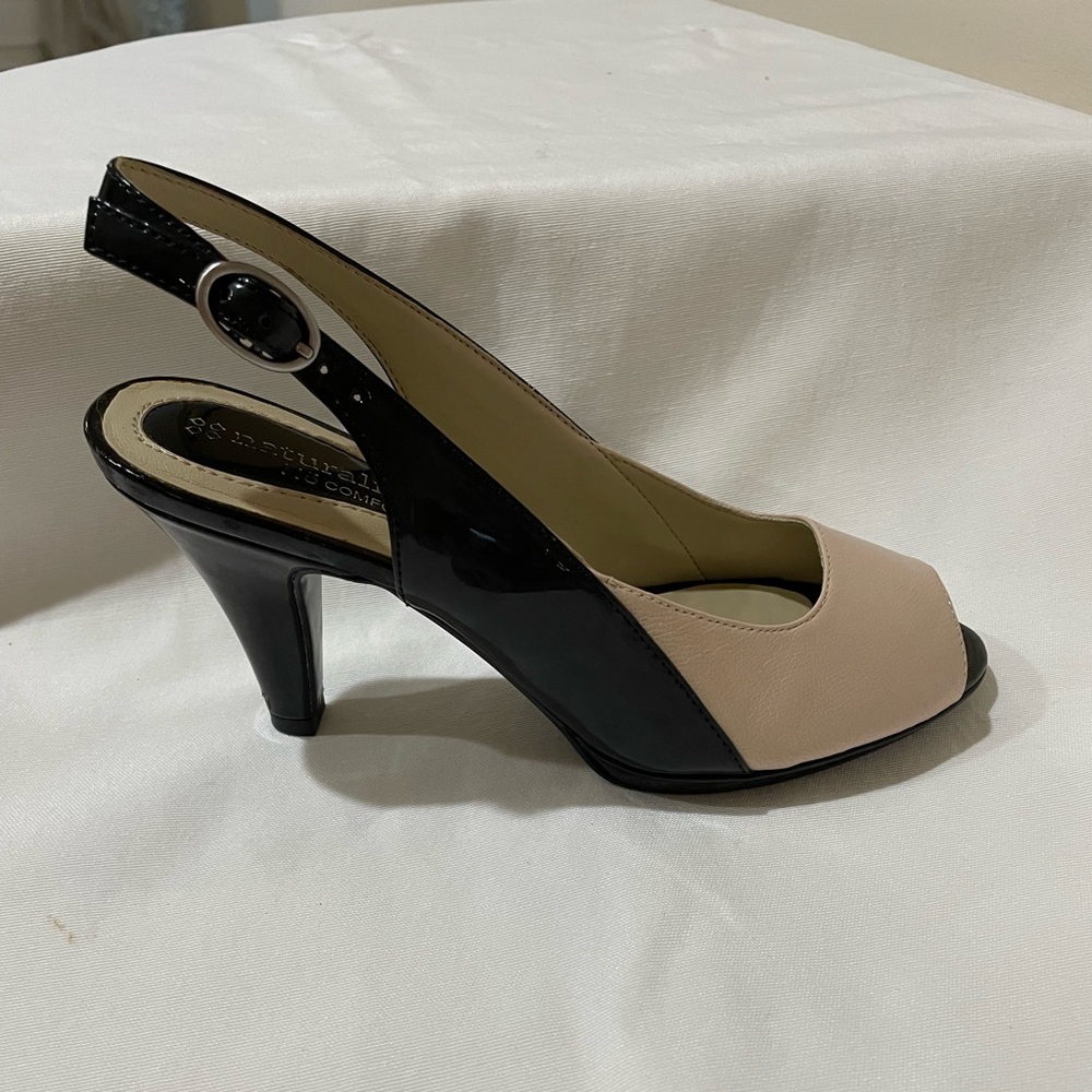 Women's Black Patent & Beige Peep-Toe Slingback Heels